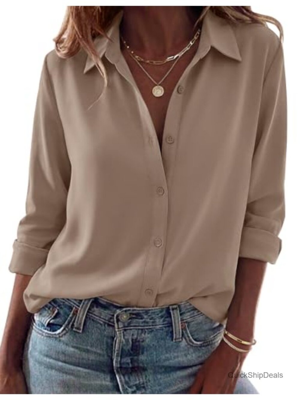 Women's Button Down Blouse Long Sleeve Collared Curved Hem Work Top